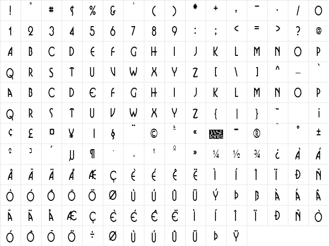 BusinkoSqueezed Regular  glyph index