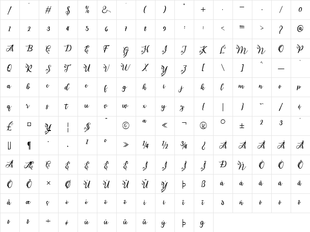 adiline Regular  glyph index