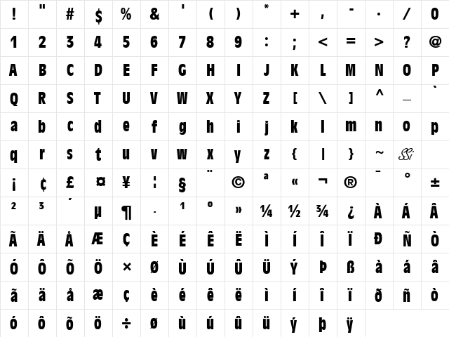 Decade Black Condensed SSi Black Condensed  glyph index