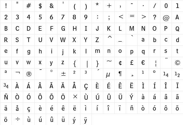 Bell Centennial Sub-Caption  glyph index