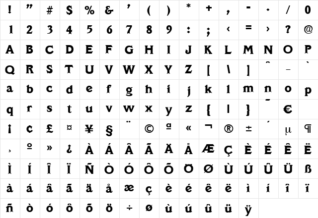 Veracruz-Bold Regular  glyph index