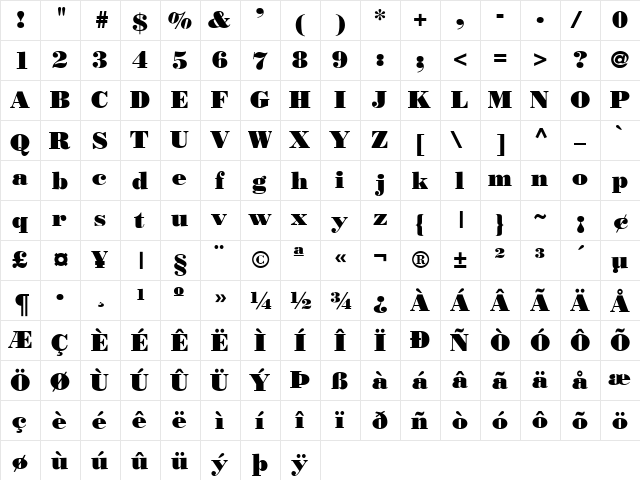 Bodnoff Regular  glyph index