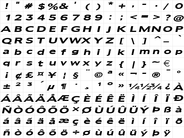 AdamsExtended BoldItalic  glyph index