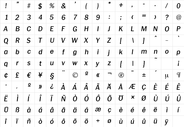 PlymouthSerial-Medium Italic  glyph index
