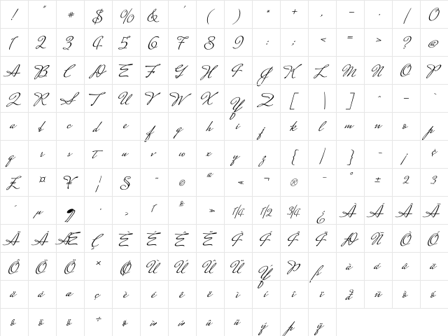 Mrs Saint Delafield Regular  glyph index