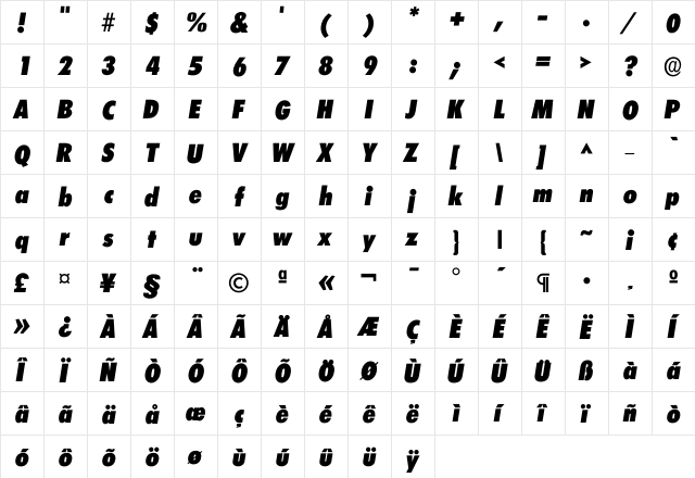 Iclimerick Heavy  glyph index