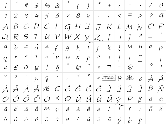 DreamerOne Italic  glyph index