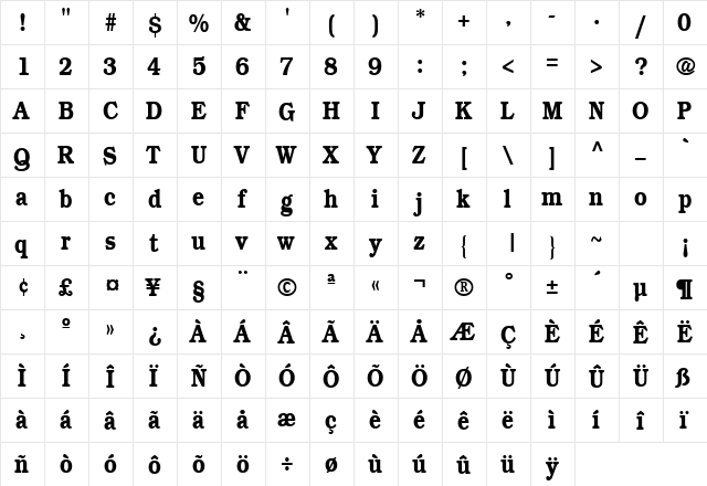 BookmanDemiCondensed Regular  glyph index