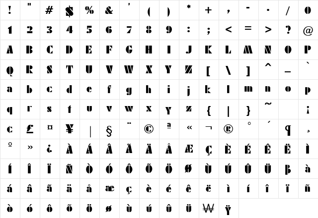 Modern Stamp Regular  glyph index
