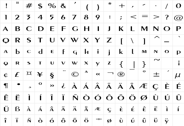 PenwinExtended Regular  glyph index