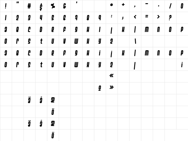 Ashbury Italic  glyph index