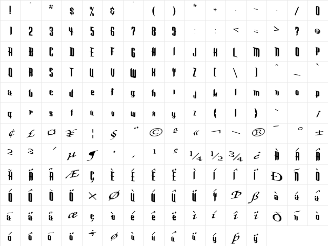 New Regular  glyph index