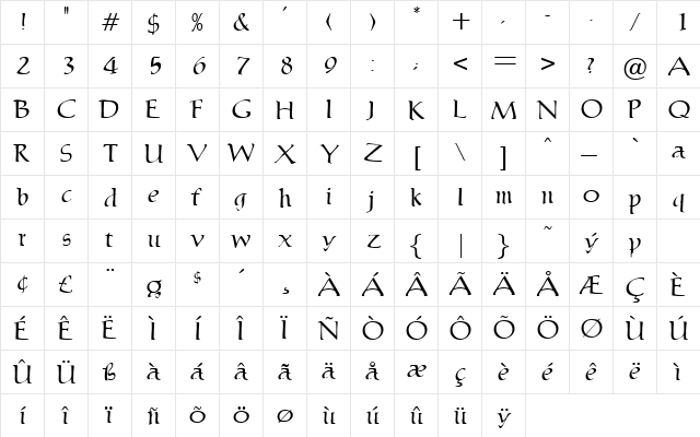 Marylebone Regular  glyph index