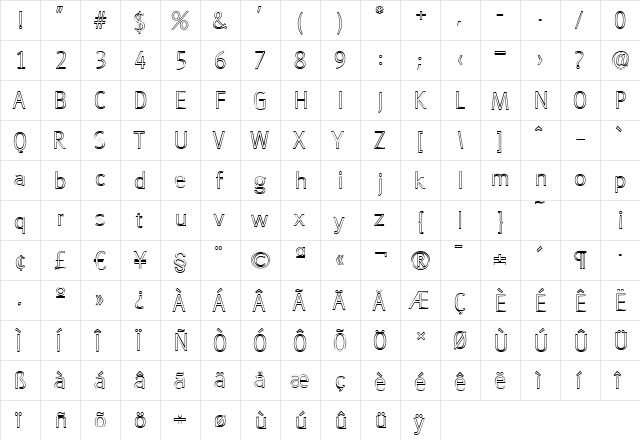 RichardBeckerOutline-Xlight Regular  glyph index