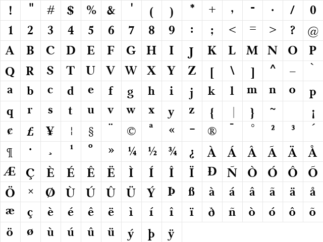 Carniola Bold  glyph index