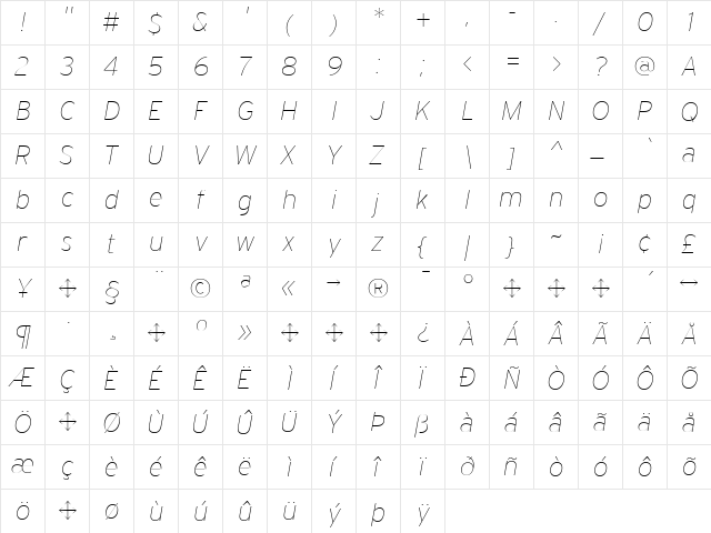 Interstate Regular  glyph index