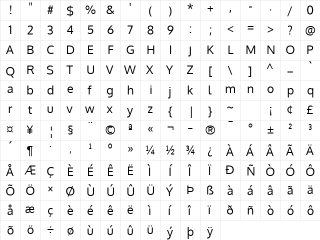 Oxygen Regular  glyph index