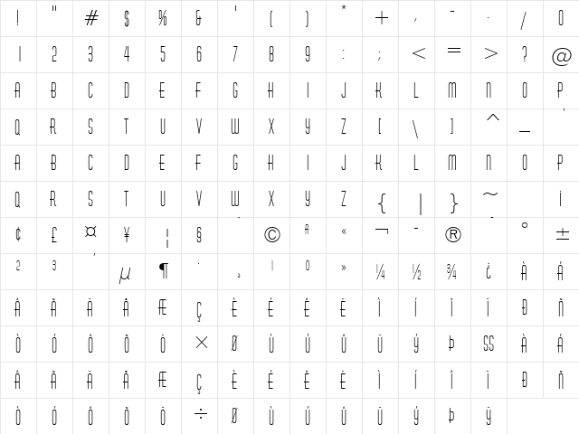 HuxleyVertical BT Regular  glyph index