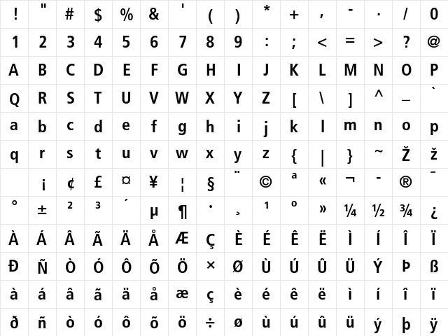 Frutiger LT 67 BoldCn Regular  glyph index
