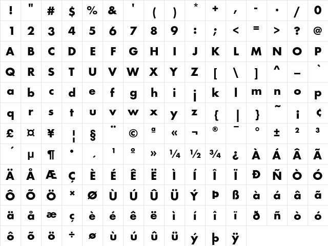 FuturaEF Bold  glyph index