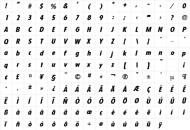 Florida-Serial-ExtraBold RegularItalic  glyph index