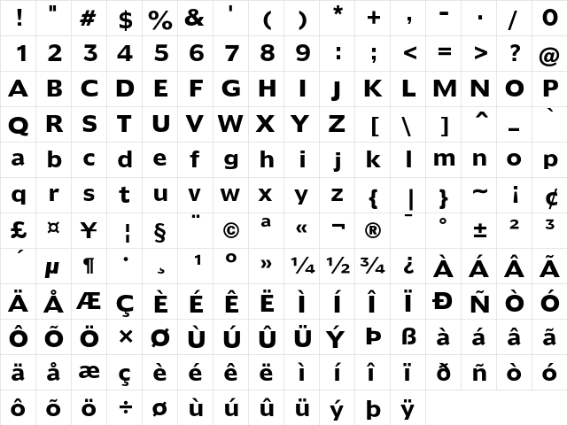 Humanist 970 Bold  glyph index