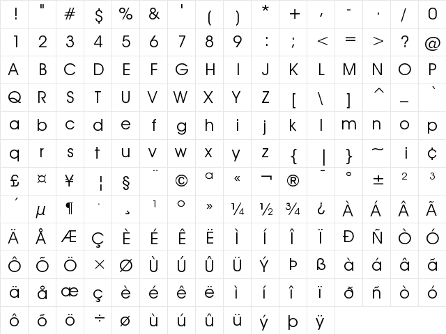 ITC Avant Garde Gothic Book Regular  glyph index