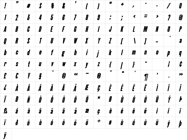 CactusBlack Italic  glyph index