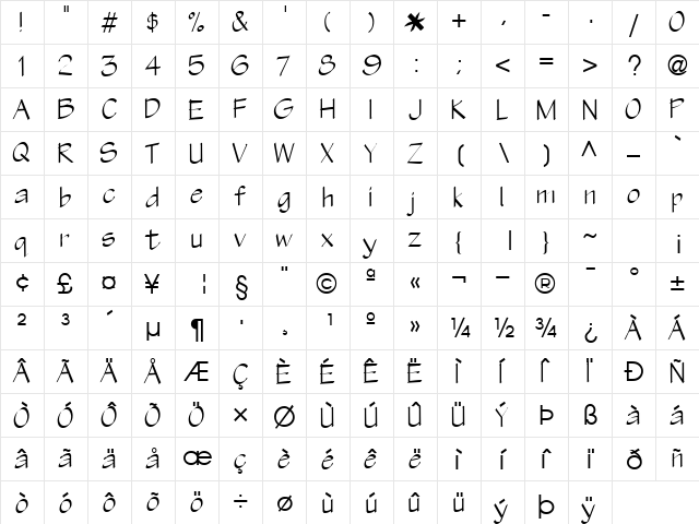 Olive Regular  glyph index