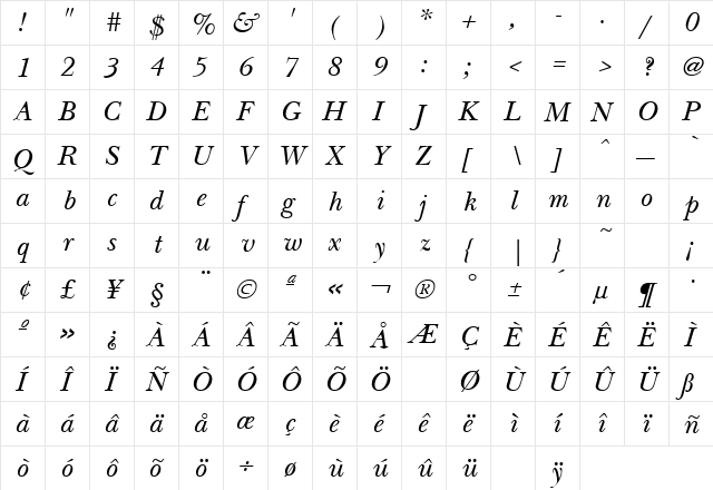 New Italic  glyph index