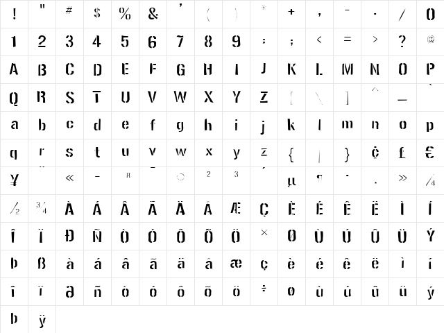 Gunplay Gaunt Regular  glyph index