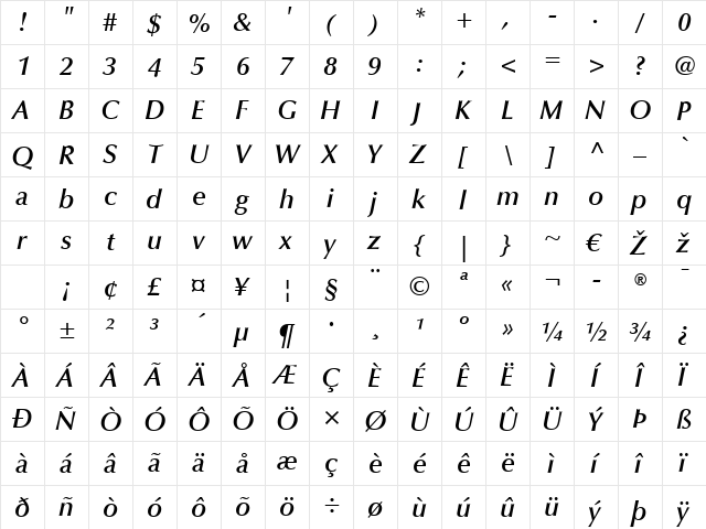 Optima LT DemiBold Italic  glyph index