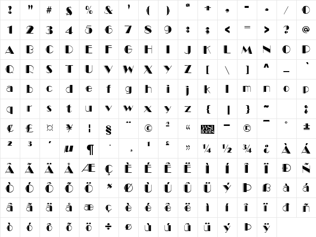 MarqueeEngraved Regular  glyph index