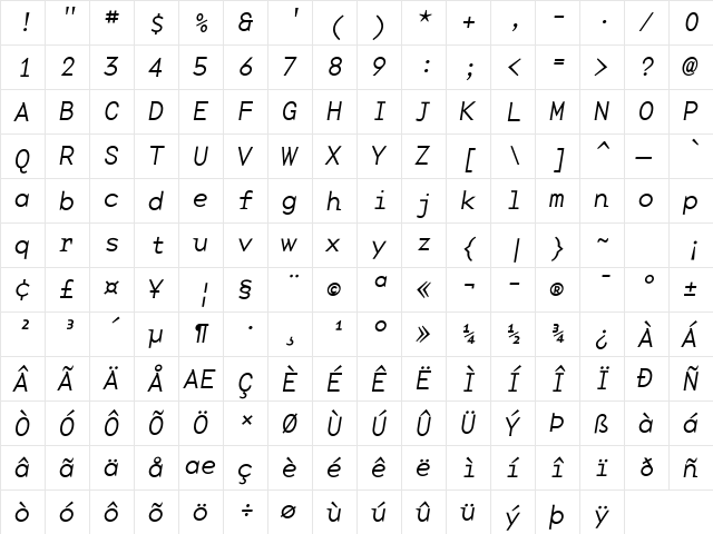 BaseMonoWide-Thin ThinItalic  glyph index
