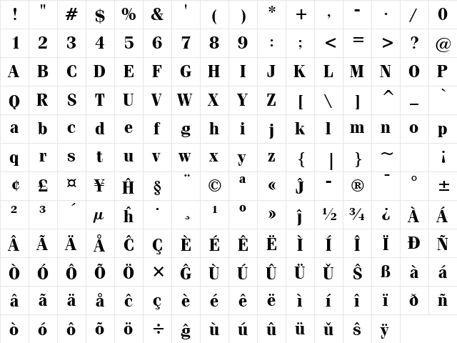 Fenice BT Eo Bold  glyph index