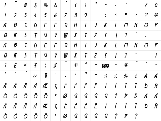 DustineSolid Italic  glyph index