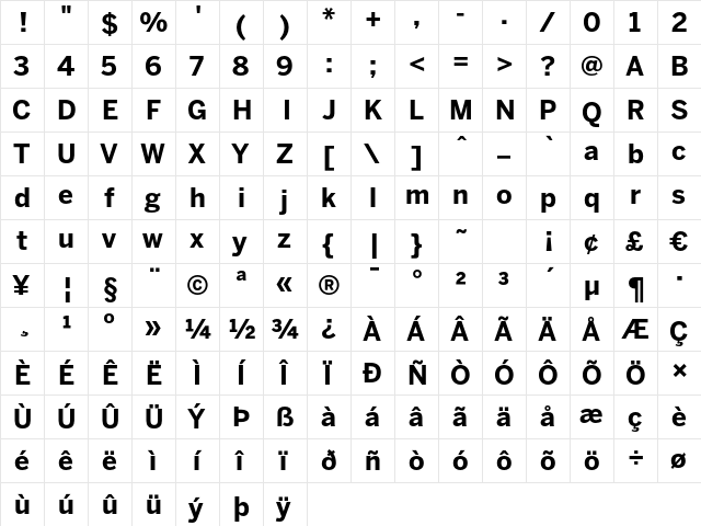 BentonSans Bold Regular  glyph index