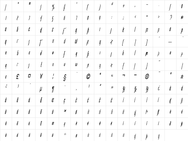 IpswichCondensed Italic  glyph index