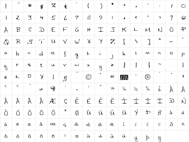 ClaytonsHand Regular  glyph index