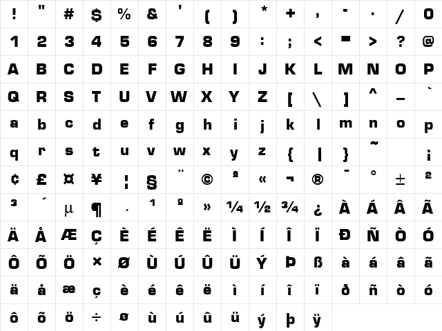 Eurostile Black Regular  glyph index