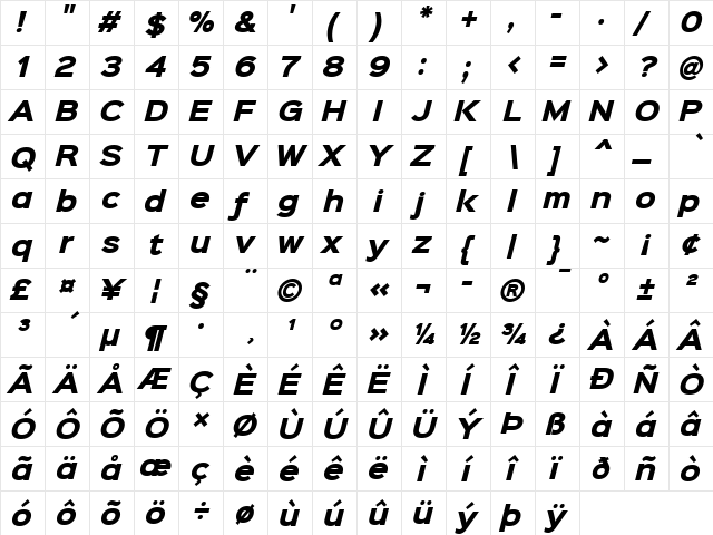 Sinkin Sans 800 Black Italic 800 Black Italic  glyph index