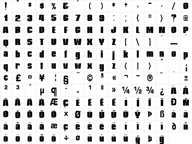 Graphic Regular  glyph index
