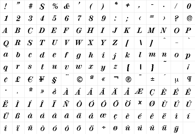 ValenciaSerial-Xbold Italic  glyph index