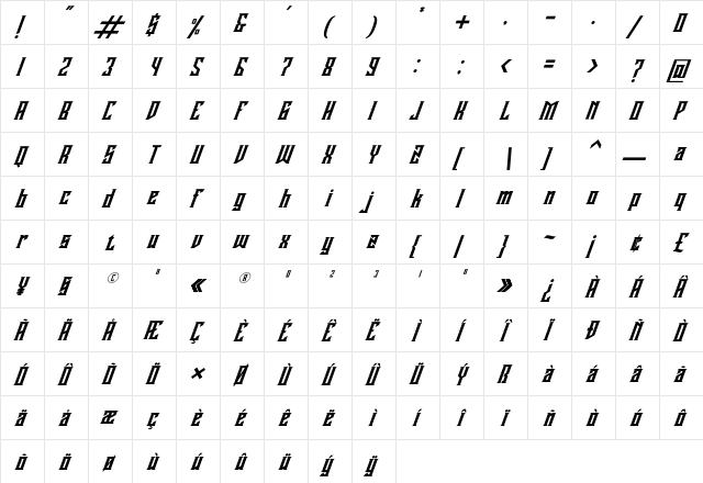 Buckingham Italic Regular  glyph index