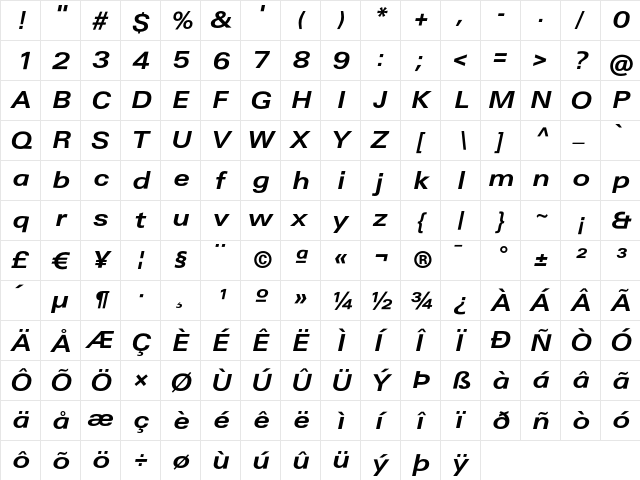 AudiSansExt BoldItalic  glyph index