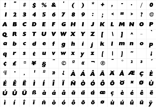 Chanson Heavy SF Bold Italic  glyph index