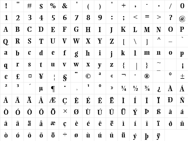 Ellington MT Bold  glyph index