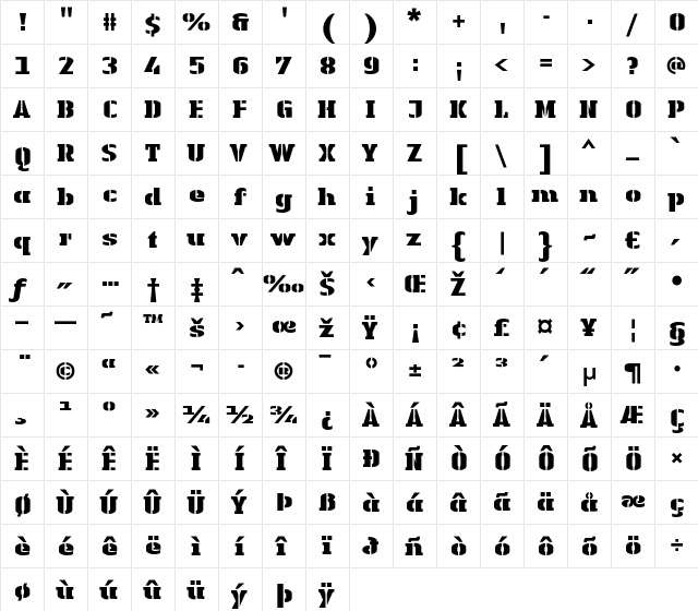 LTAuthenticStencil Black Regular  glyph index