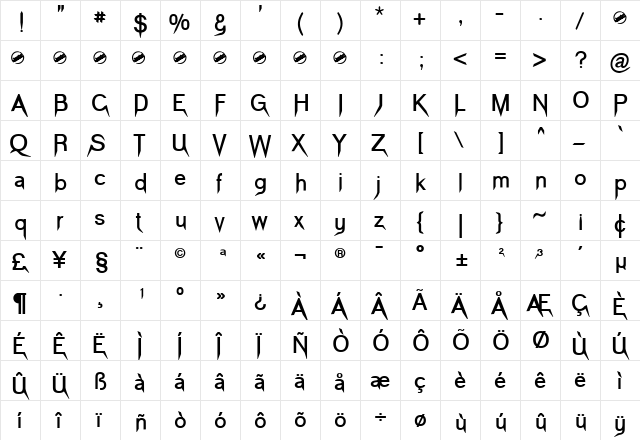 Vampetica Bold  glyph index