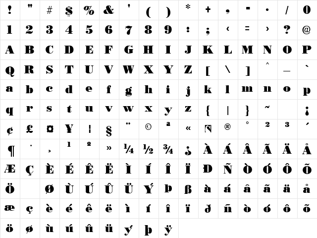 Bodonoff Ultra Regular  glyph index